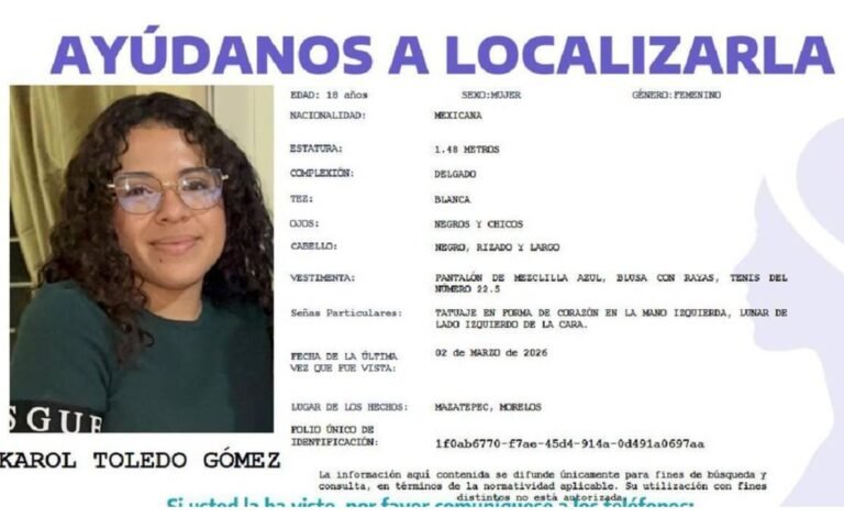 Karol Toledo Gómez fue reportada como desaparecida en México desde el lunes 2 de marzo. Familiares y colectivos piden activar protocolos de búsqueda mientras la crisis de desapariciones en el país supera las 120 mil personas.